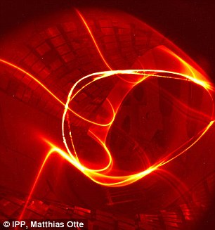 “文德爾施泰因 7-X”裝置內(nèi)并聯(lián)環(huán)路的電子束，顯示出沿著磁場線的軌跡。